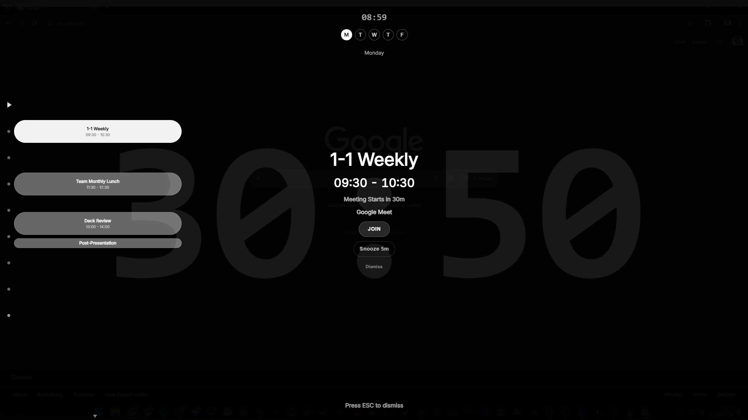 Ahem! full-screen meeting reminder overlay on a Windows desktop