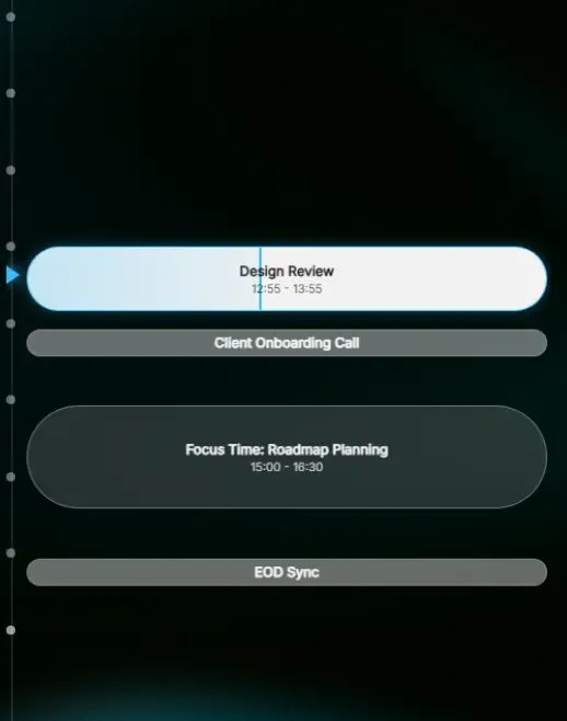 Ahem! vertical day timeline: past meetings dimmed, the current meeting highlighted, upcoming meetings below