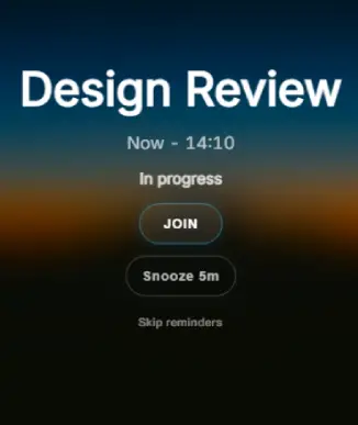 Close-up of an Ahem! reminder: meeting name, time, and large Join and Snooze buttons