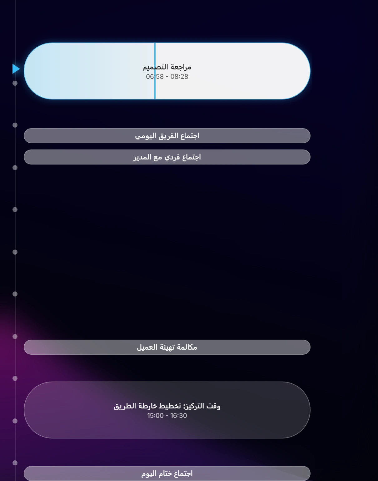الجدول الزمني اليومي العمودي في Ahem!: اجتماعات سابقة معتّمة، الاجتماع الحالي مميّز، واجتماعات قادمة أسفله