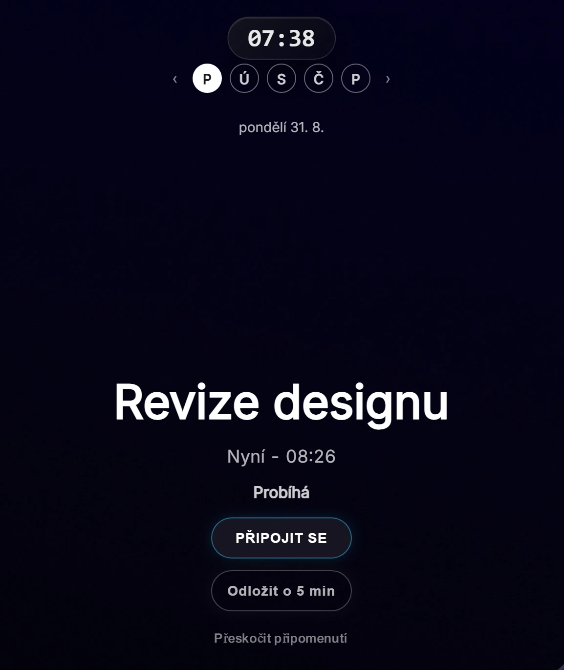 Detail připomínky Ahem!: název schůzky, čas a velká tlačítka Připojit se a Odložit