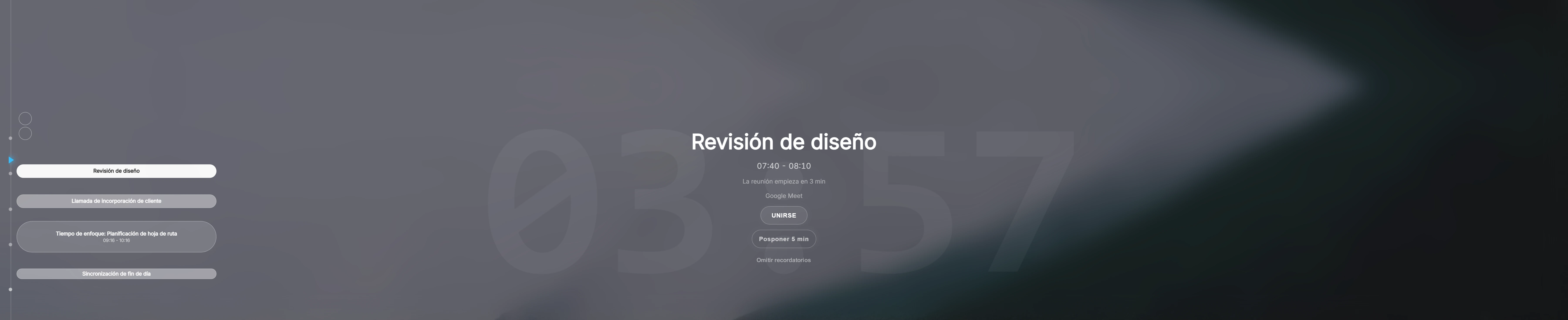 Cuenta atrás de Ahem! ocupando todo el ancho de la pantalla: enormes dígitos fantasma que marcan 01:49:14 detrás de los detalles de la próxima reunión