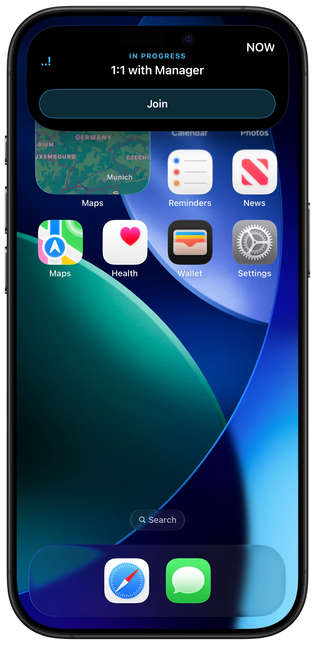 iPhone 灵动岛上的紧凑会议倒计时和展开后的加入视图