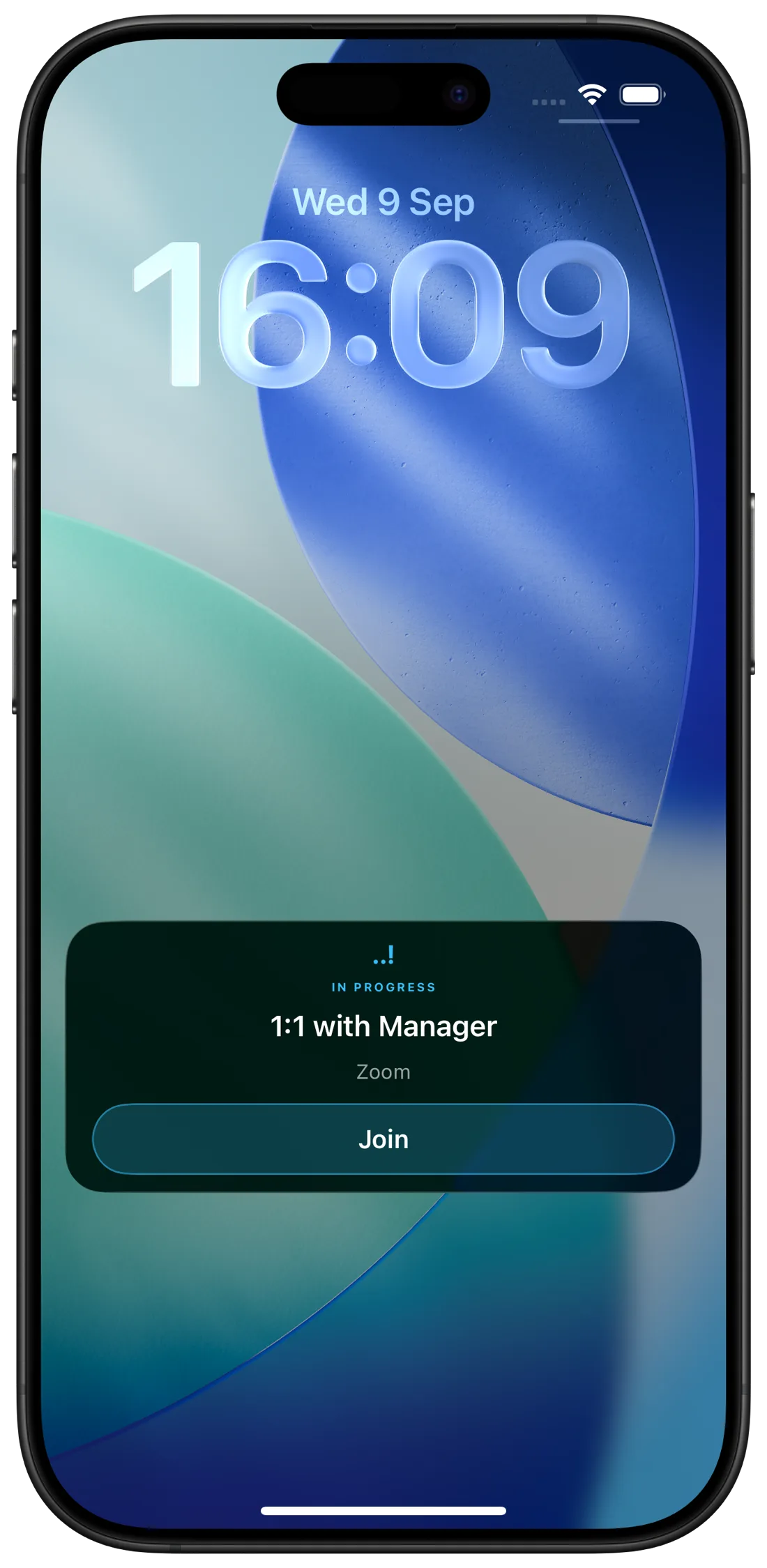 iPhone 锁定屏幕上的 Ahem 会议实时活动卡片