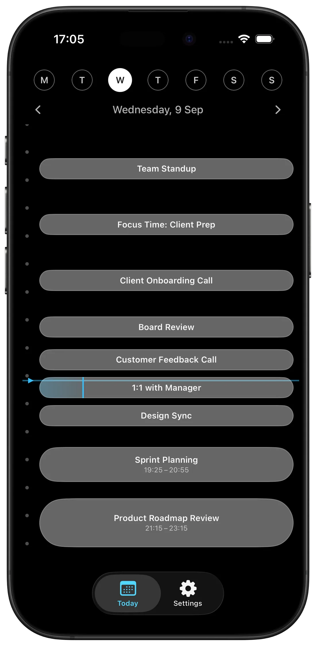 iOS 版 Ahem 的可滚动每日时间线和日程详情